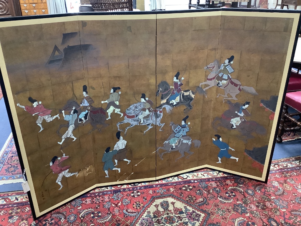 A Japanese four-fold screen, gold ground, decorated with warriors on horseback and foot, in black-lacquered and gilt metal round frame, each panel width 46cm height 122cm